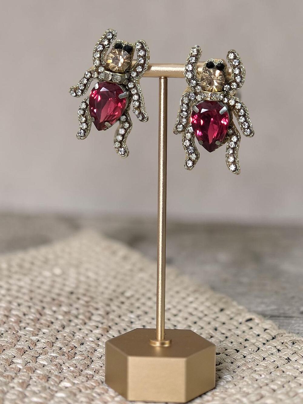 Trendy Statement Rhinestone Crystal Leather Back Bug Beetle Earrings
